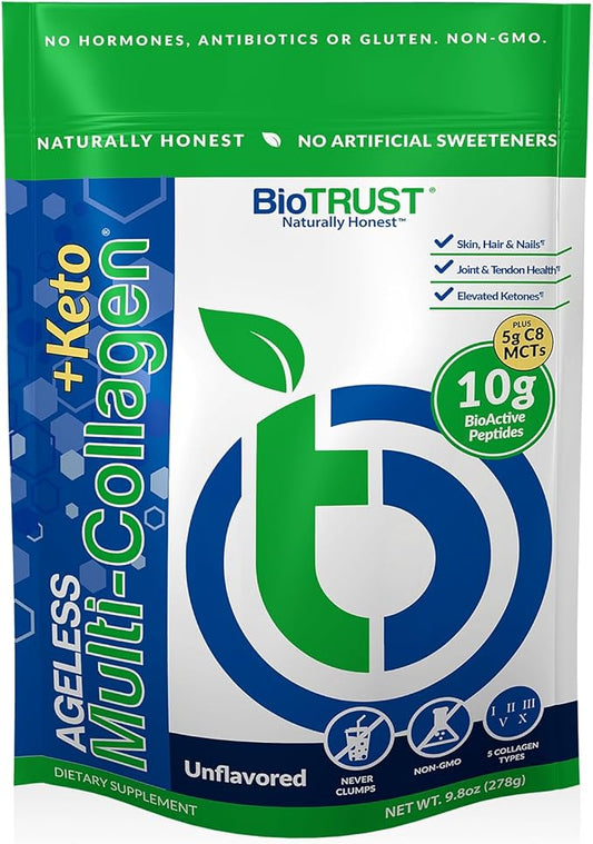 BioTrust Multi Collagen Protein Powder + Keto MCT Oil – 5 Types (I, II, III, V, X) & 100% Caprylic Acid C8 - Support Elevated Ketones, Metabolism, Joints & Beauty All in 1 Collagen Powder (Unflavored)