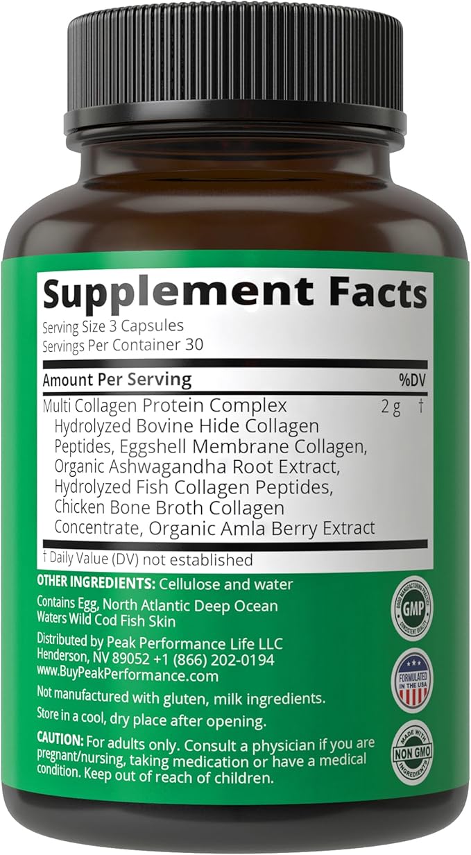 Peak Performance All 5 Multi-Collagen Capsules 90 Pills of Grass Fed Peptides Protein. with All 5 Collagen Types I, II, III,V, X. Grass Fed Beef, Fish, Chicken, Bone Broth Supplement