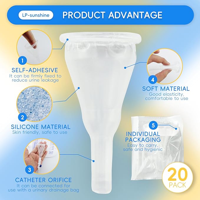 20 Silicone Condom Catheters, Self-Sealing Set, (+Sticky/36mm/1.42inch)