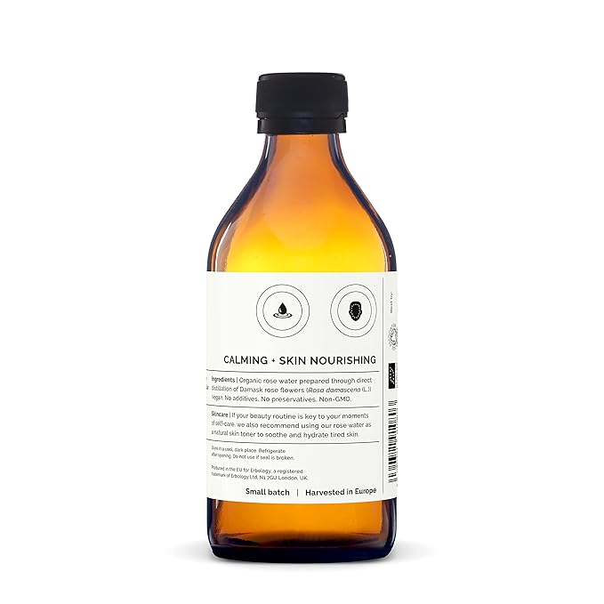 100% Organic Rose Water 8.5 fl oz - Distilled from Damask Rose - Premium Food Grade Hydrolate of Rose - Soothes, Hydrates and Calms - Non-GMO - Recyclable Glass Bottle