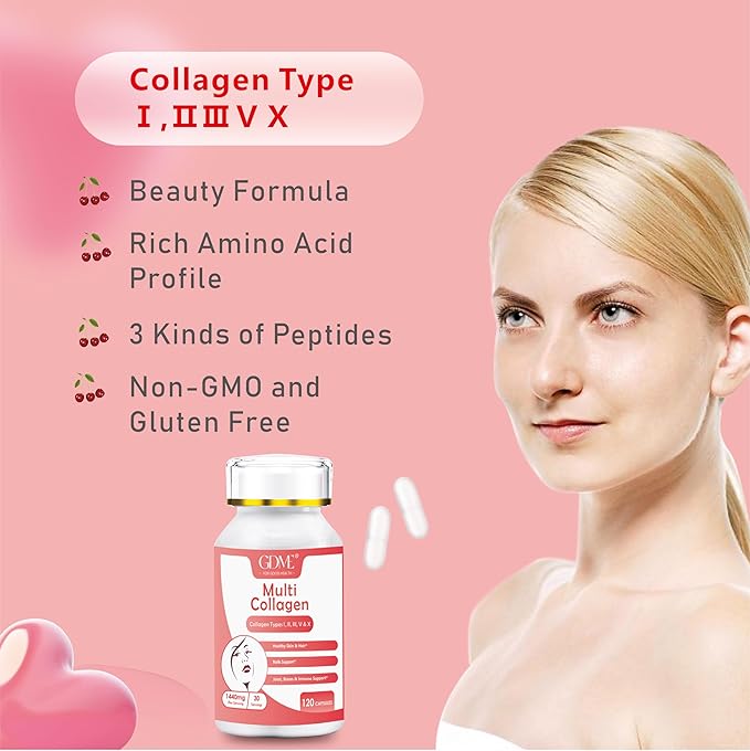 GDME Multi Collagen Peptides Powder for Women - Type I, II, III, V, X - Hydrolyzed Collagen Peptides, Supports Skin Hair Nail & Joint, Grass-Fed, Non-GMO, 120 Capsules