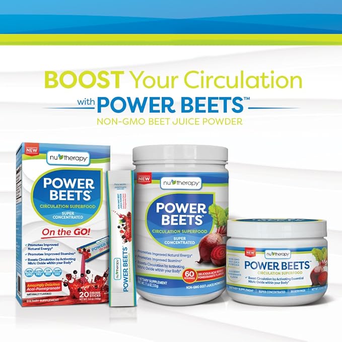Nu-Therapy Power Beets - Super Concentrated Circulation Superfood - Dietary Supplement – Delicious Acai Berry Pomegranate Flavor – Non-GMO Beet Juice Powder - 30 Servings, red, 5.8 Ounce (Pack of 1)