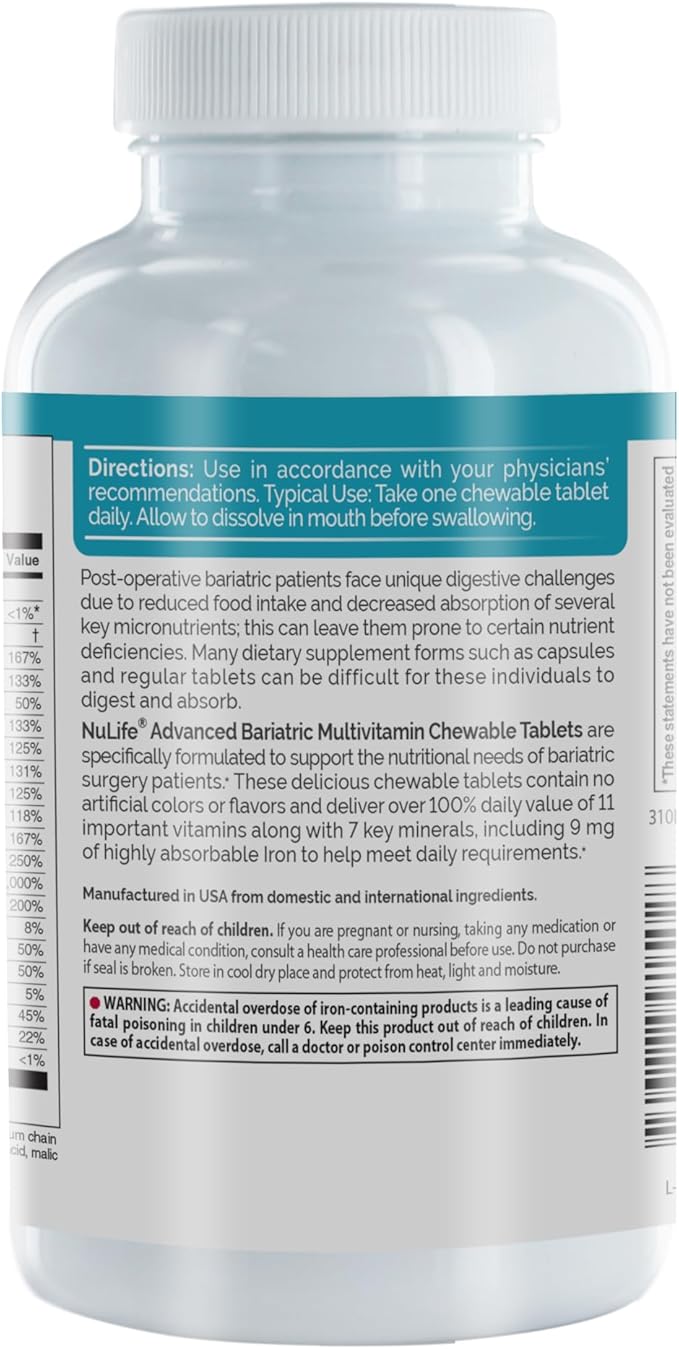 Nu-Life Advanced Bariatrics Multivitamin Chewable Tablets, (60 Chewable