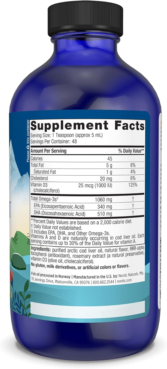 Nordic Naturals Arctic-D Cod Liver Oil, Lemon 8 oz 1060 mg Omega-3s + 1000 IU D3 - 48 Servings