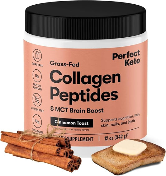 Perfect Keto Collagen Peptides Protein Powder with MCT Oil, Hydrolyzed Collagen, Type I & III Supplement, Gluten Free Grass Fed, Low Carb, Keto Coffee Creamer, Collagen for Women & Men, Cinnamon Toast