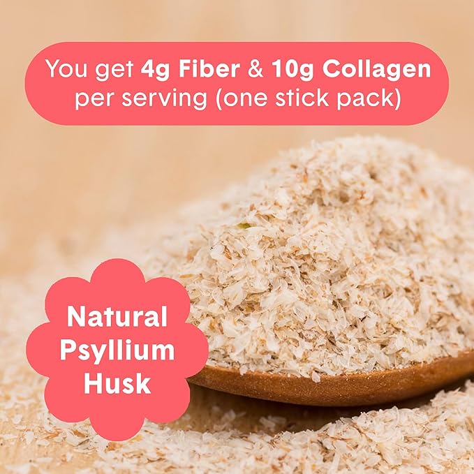 Bellway Super Fiber Packets + Collagen, Sugar-Free Psyllium Husk Powder with Collagen Peptides & Hyaluronic Acid for Gut Health, Healthy Skin, Nails, Bones & Joints, Strawberry Lemonade (10 Packets)