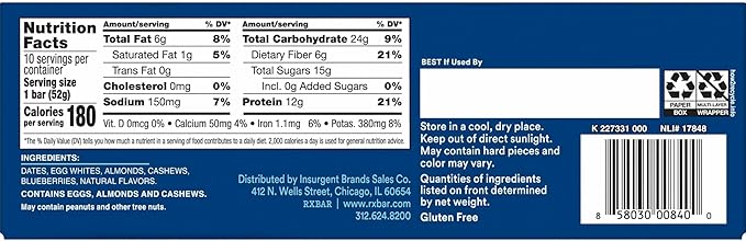RXBAR Protein Bars, Protein Snack, Snack Bars, Blueberry, 18.3oz Box (10 Bars)