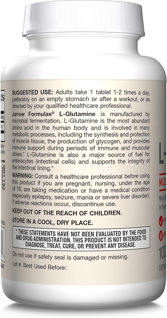 Jarrow Formulas L-Glutamine 1000 mg 100% L-Glutamine 100 Servings