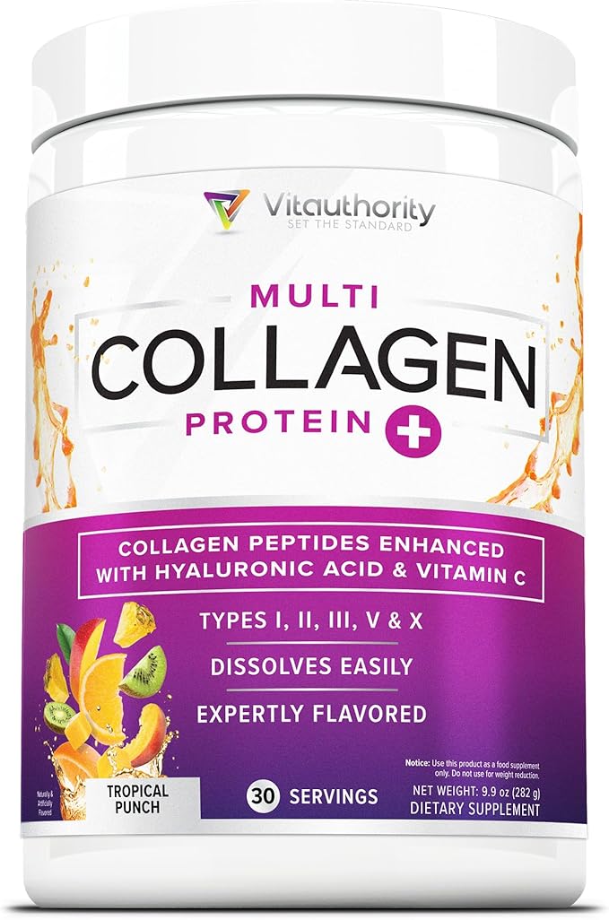 Multi Collagen Peptides Plus Hyaluronic Acid and Vitamin C Hydrolyzed Collagen Proteins Types I II III V and X Tropical Punch Flavor
