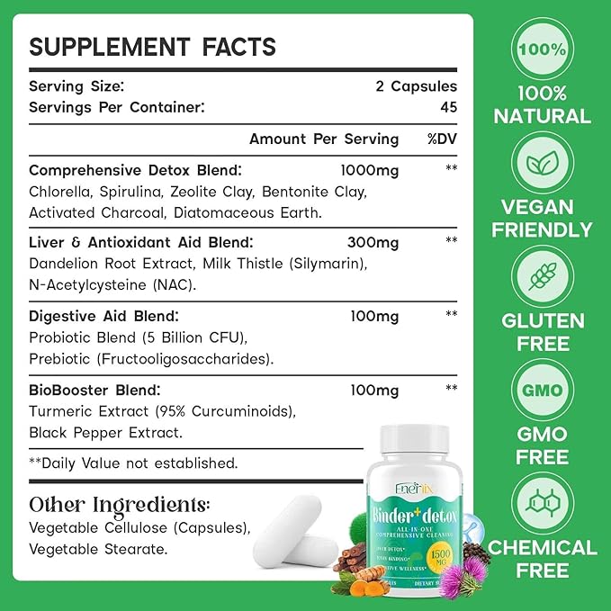 15-in-1 Detox Binder, Activated Charcoal, Zeolite & Bentonite Clay, Chlorella, 1500 MG Supplement Maximum Absorbent, Liver Gut Digestive Toxin Detox Cleanse, 360 Vegan Capsules