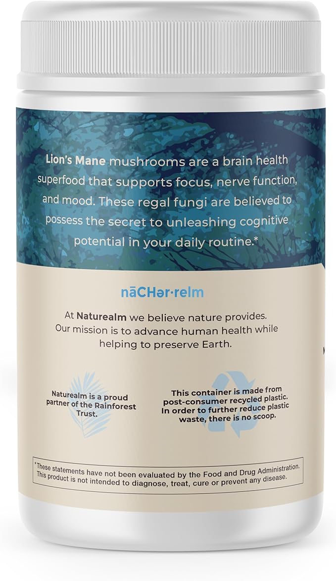 Naturealm Lion's Mane Mushroom Powder - Organic Brain Support for Focus Memory Mental Clarity - Non GMO Cognitive Function - 60 Servings