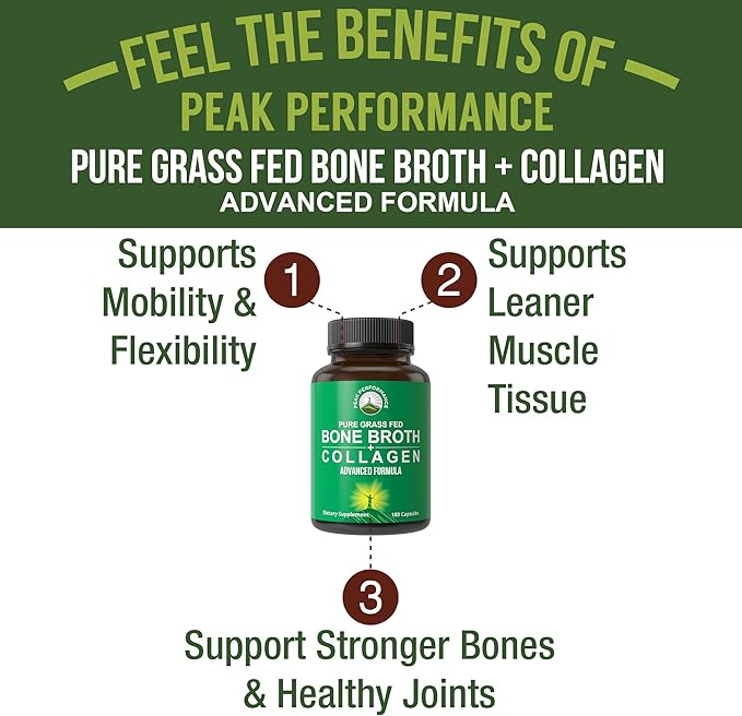 Bone Broth Collagen Capsules. 180 Pills of Grass Fed Bone Broth Collagen Protein Peptides. Contains All 3 Types 1, 2, and 3. Pure Pasture Raised Paleo Friendly Tablets for Women and Men