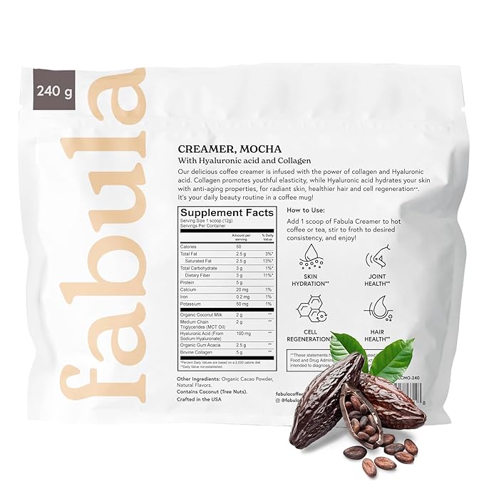 Fabula Collagen Creamer for Coffee with Hyaluronic Acid, MCT Oil and Organic Coconut Milk, Mocha Flavored, Non Dairy, Sugar Free Creamer, 8.5 Oz