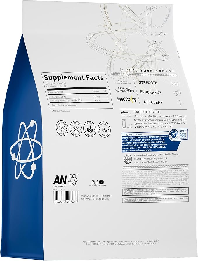 AN Performance Creatine + Peptide | Unflavored | 5g Creatine Monohydrate, 2.4g PeptiStrong | Gluten-Free, Low Carb, Low Fat | Keto Friendly | 60 Servings