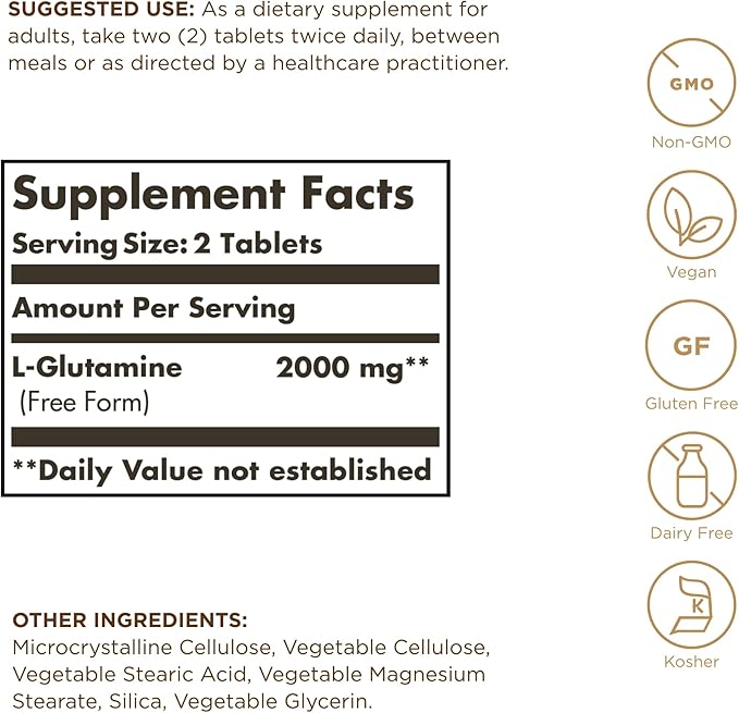 SOLGAR L-Glutamine 1000 mg 60 Tablets, 3 - 90 Total