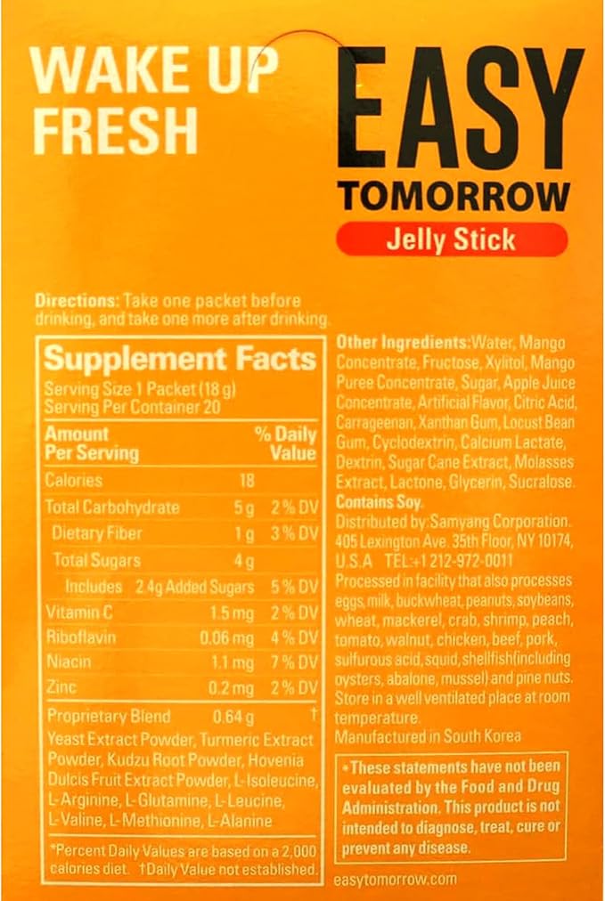 Easy Tomorrow Jelly Stick Before After Drinking Alcohol, After Party for Great Night & Better Morning, Party Vacation Aid, Mango Flavored, 상쾌환, 100 Sticks