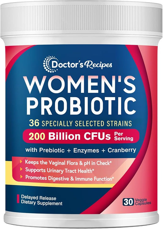 Doctor's Recipes Probiotics for Women, 200B CFUs 36 Strains, with Prebiotics, Enzymes & Cranberry, Vaginal Urinary Digestive & Immune, Shelf Stable, 30 Caps