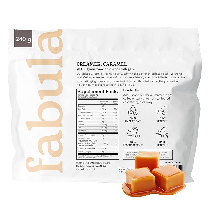 Fabula Collagen Creamer for Coffee with Hyaluronic Acid, MCT Oil, made with Organic Coconut Milk, Caramel Flavored, Non Dairy, Sugar Free Creamer, 8.5 Oz