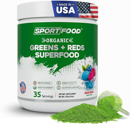 SPORTFOOD Organic Greens & Reds Superfood Powder | Mixed Berry Flavor | 25+ Super Fruits & Veggies, Beets, Prebiotics | Energizing, Antioxidant-Rich, Keto-Friendly Smoothie Mix | 35 Servings