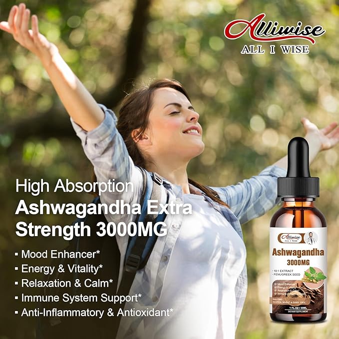 2 Pack Ashwagandha Supplement Liquid Drops 3000mg with VitaminD3,Fenugreek Seeds，Magnesium