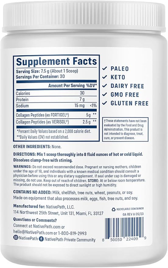NativePath Joint Health Collagen Peptides, Type 1 & 3 Peptides, 7.9 Ounce, 30 Servings