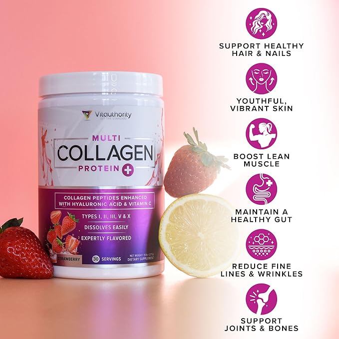 Multi Collagen Peptides Plus Hyaluronic Acid and Vitamin C Hydrolyzed Collagen Proteins Types I II III V and X Tropical Punch Flavor