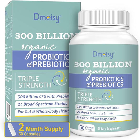 Probiotics for Women and Men, 300 Billion CFU 24 Strains Probiotics + 15 Organic Herbs Prebiotics Blend, Shelf Stable Gut Health Supplement for Digestive Immune & Whole-Body Health, 2 Month Supply