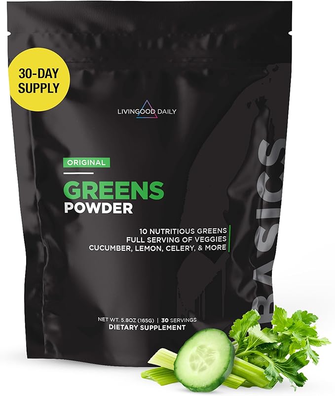 Livingood Daily Greens Powder (Original) - Green Juice Powder Supplement with Spirulina, Chlorella, Broccoli, Spinach for Energy & Digestive Support - Powdered Super Greens for Gut Health, 30 Servings
