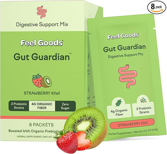 Feel Goods Gut Guardian, Prebiotic & Probiotic Powder, Organic Fiber, Sugar Free, Herbs for Bloat, Gut Health Support, Digestive Health for Men & Women, Non GMO, Vegan | Strawberry Kiwi, 8 Count