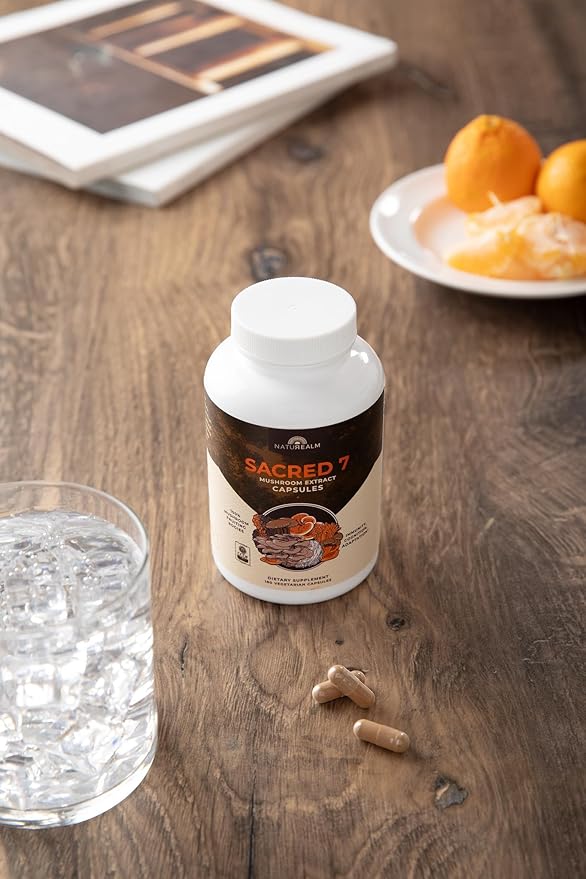 Naturealm Sacred 7 Organic Mushroom Extract Capsules - Premium 7 Mushroom Supplement with Lions Mane, Reishi, Chaga - USDA Organic Immune Support & Focus - 180 Vegetarian Capsules