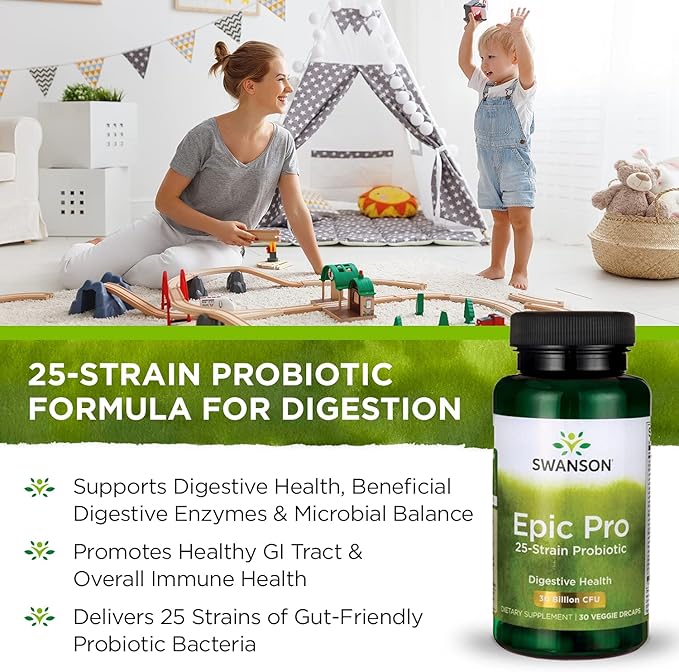 Swanson Epic-Pro 25-Strain Probiotic 30 Billion CFU Digestive Health Immune System Support Prebiotic Nutraflora FOS 30 DRcaps Veggie Capsules (3 Pack)