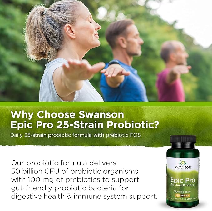 Swanson Epic-Pro 25-Strain Probiotic 30 Billion CFU Digestive Health Immune System Support Prebiotic Nutraflora FOS 30 DRcaps Veggie Capsules (3 Pack)