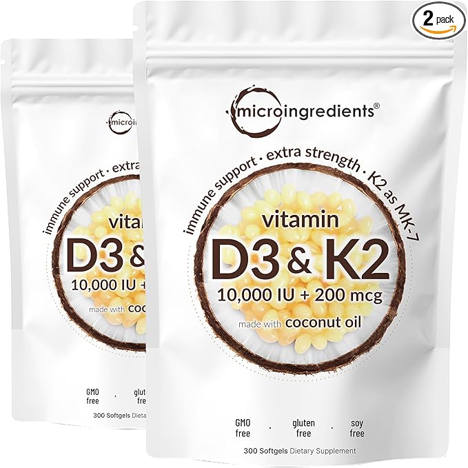 2 Pack Vitamin D3 10000 iu K2 (MK-7) (MK-7) 200 200 mcg, 300 Virgin 2 in 1 Vitamins