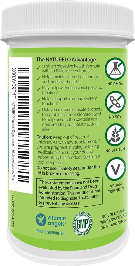 NATURELO Probiotics for Digestive Health 50 Billion 11 Strains 60 Vegetarian