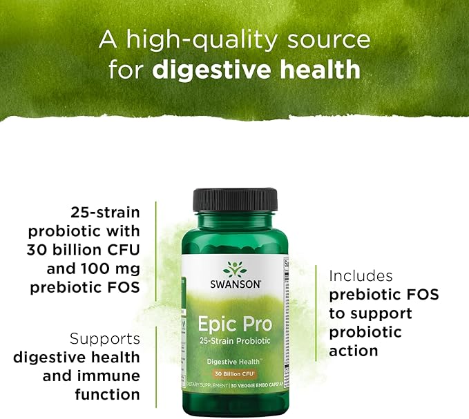 Swanson Epic-Pro 25-Strain Probiotic 30 Billion CFU Digestive Health Immune System Support Prebiotic Nutraflora FOS 30 DRcaps Veggie Capsules (2 Pack)