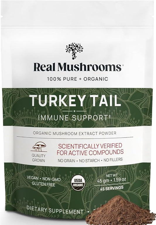 Real Turkey Tail Powder - Organic Mushroom Supplement with Potent Extract for Gut, Energy, Brain, Immune Support Vegan, Non-GMO, 45 Servings