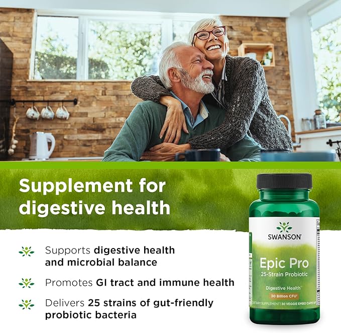 Swanson Epic-Pro 25-Strain Probiotic 30 Billion CFU Digestive Health Immune System Support Prebiotic Nutraflora FOS 30 DRcaps Veggie Capsules (2 Pack)