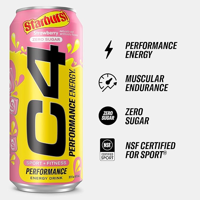 Cellucor C4 Performance Energy Drink | STARBURST Strawberry | Zero Sugar Carbonated Preworkout Energy | 200mg Caffeine with Beta Alanine | 16 Fl Oz (12 Pack)