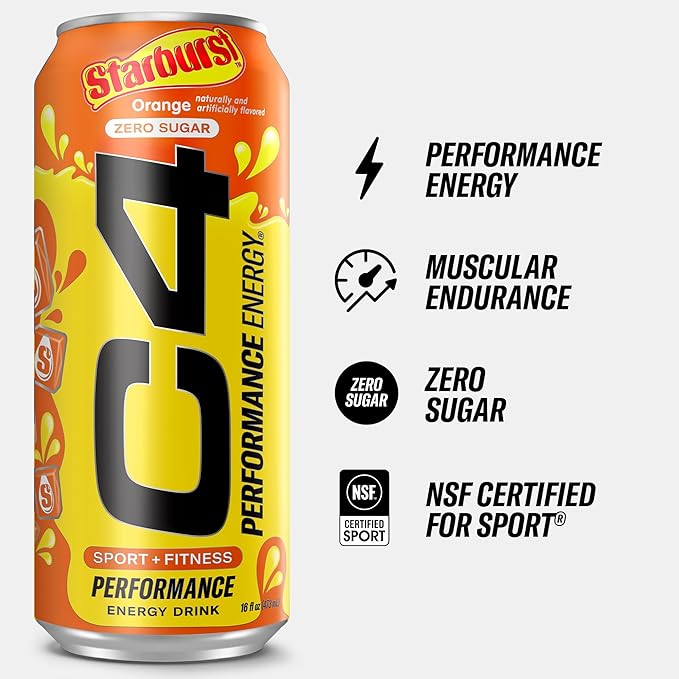 Cellucor C4 Performance Energy Drink | STARBURST Orange | Zero Sugar Carbonated Preworkout Energy | 200mg Caffeine with Beta Alanine | 16 Fl Oz (12 Pack)