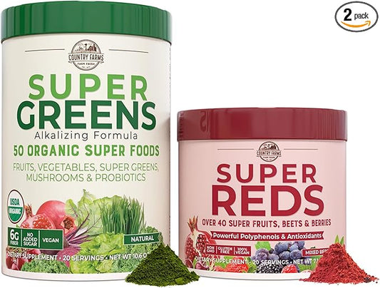 COUNTRY FARMS Essential Pack, Super Greens Powder and Super Reds, Packed with 50 Organic Super Foods and 40 Super Fruits, Natural Energy, Bloating Support, Unflavored & Berry Flavor, 17.7 oz, 2 Pack