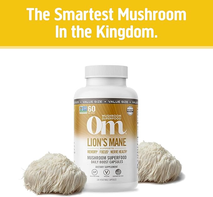 OM MUSHROOM SUPERFOOD Lion's Mane Mushroom Capsules Superfood Supplement, 180 Count, 60 Days, Fruit Body and Mycelium Nootropic for Memory Support, Focus, Clarity, Nerve Health, Creativity and Mood
