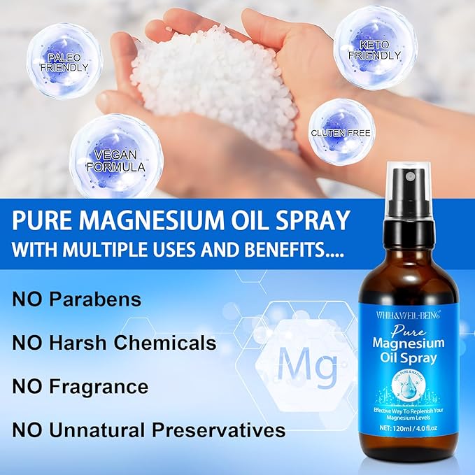 Magnesium Oil for Feet, Magnesium Spray, Pure Magnesium Oil Spray Organic Natural Magnesium Spray Glass Bottle, Easy to Absorb and Use 120ml