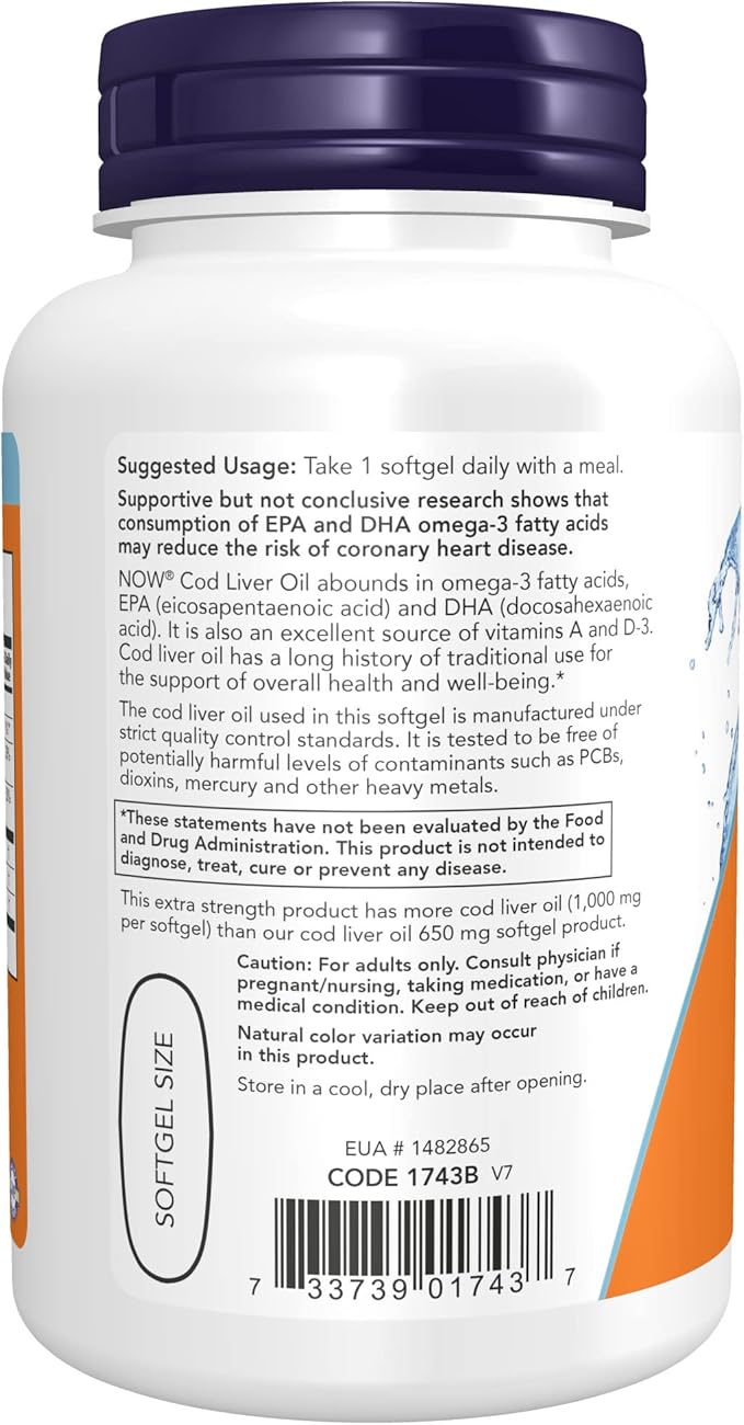 NOW Supplements, Cod Liver Oil, Extra 1,000 mg D-3, EPA, 90 Softgels