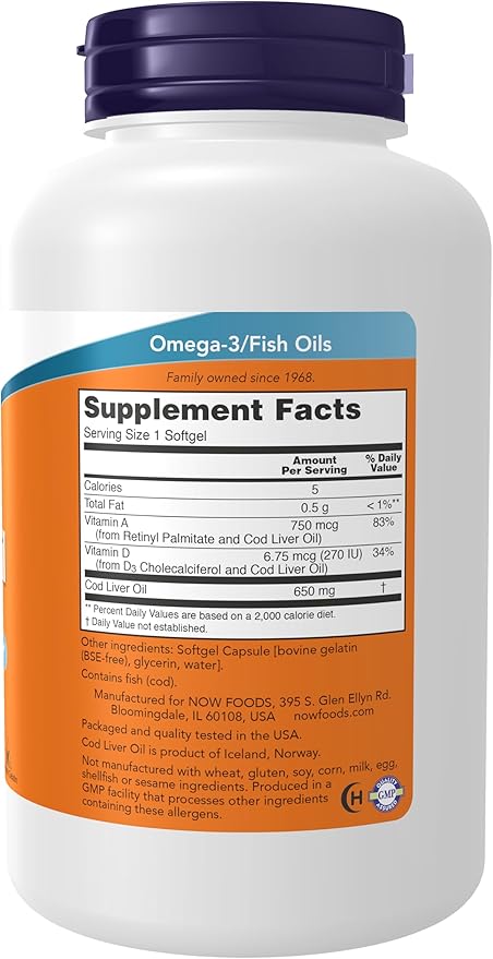 NOW Supplements, Cod Liver Oil 650 D-3, 250 250 Softgels