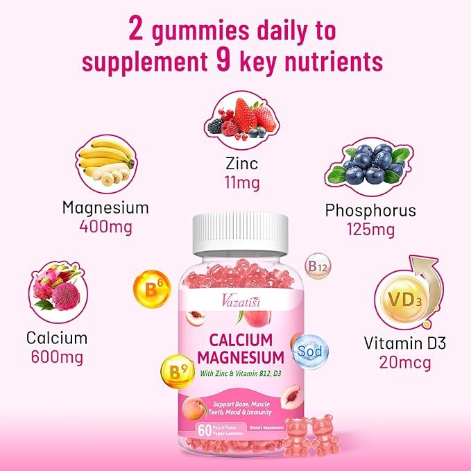 2 Pack Calcium Magnesium Zinc Gummies D3 & B12, Sugar