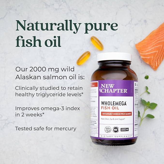 New Chapter Wholemega Fish Oil Supplement Omega-3 + D3 + 180 ct, 1000mg Softgels