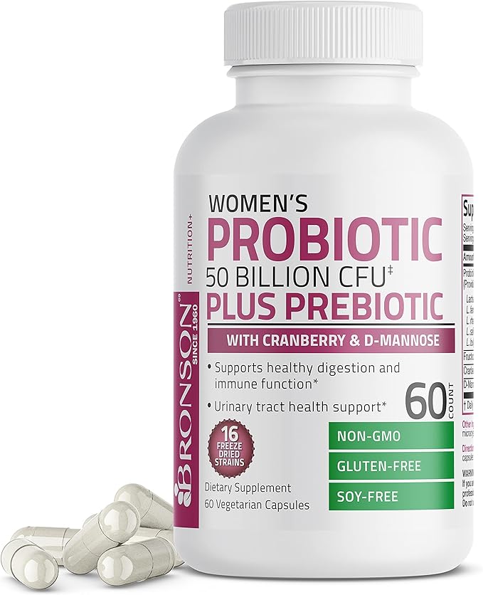 Bronson Women's Probiotic 50 Billion CFU + Prebiotic with Cranberry & D-Mannose – Vaginal Health, Healthy Digestion, Immune Function and Urinary Tract Support, Non-GMO, 60 Vegetarian Capsules