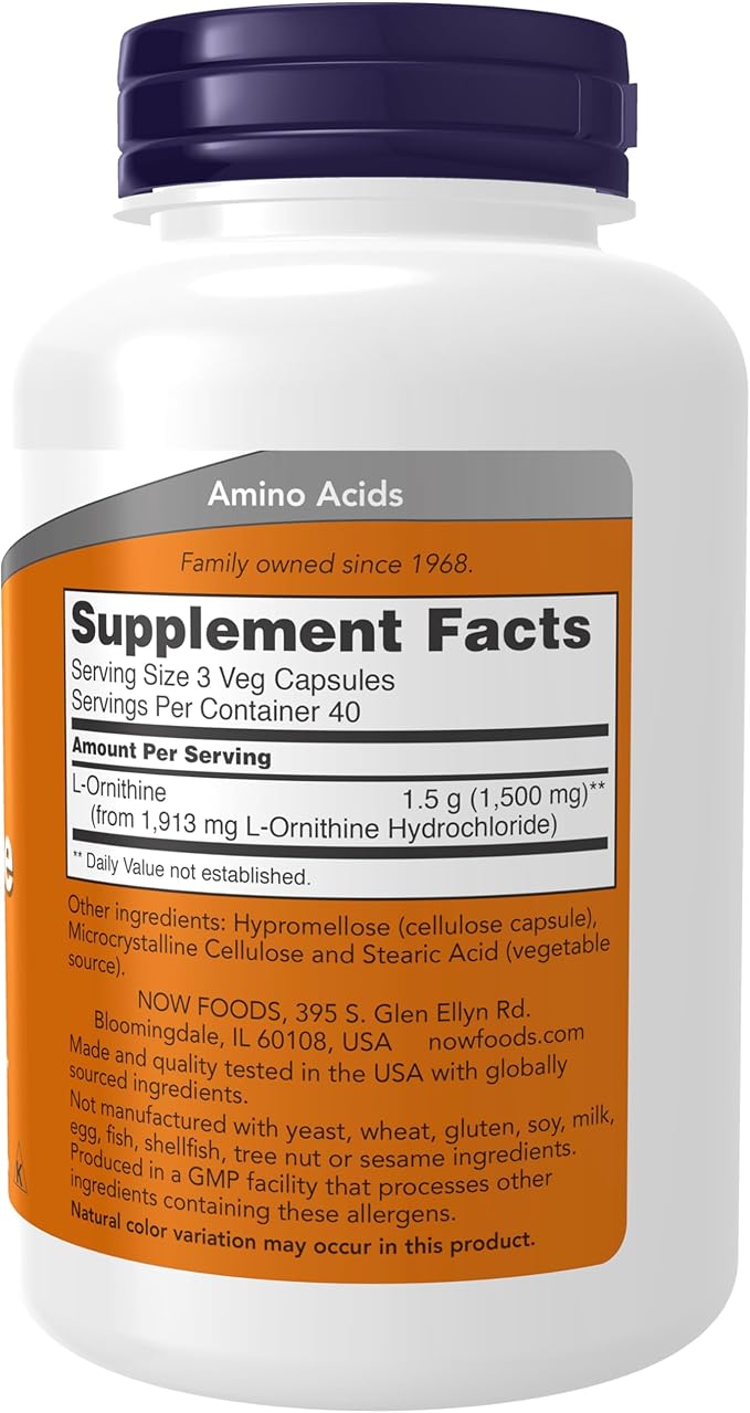NOW Foods Supplements, L-Ornithine (L-Ornithine Hydrochloride) 500 mg, Amino Acid, 120 Veg Capsules