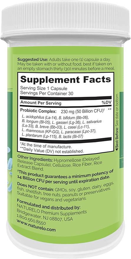 NATURELO Probiotics for Digestive Health 50 Billion 11 Strains 30 Vegetarian