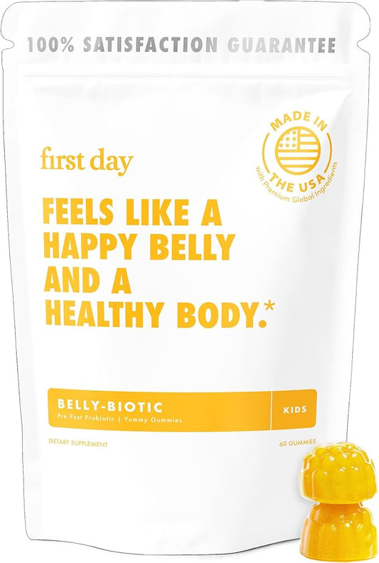 FIRST DAY Kids’ Belly-Biotic Tribiotic Gummies – 3-in-1 Prebiotic, Probiotic & Postbiotic Supplement – Supports Gut Health, Immune Function, Nutrient Absorption & Growth – 30-Day Supply